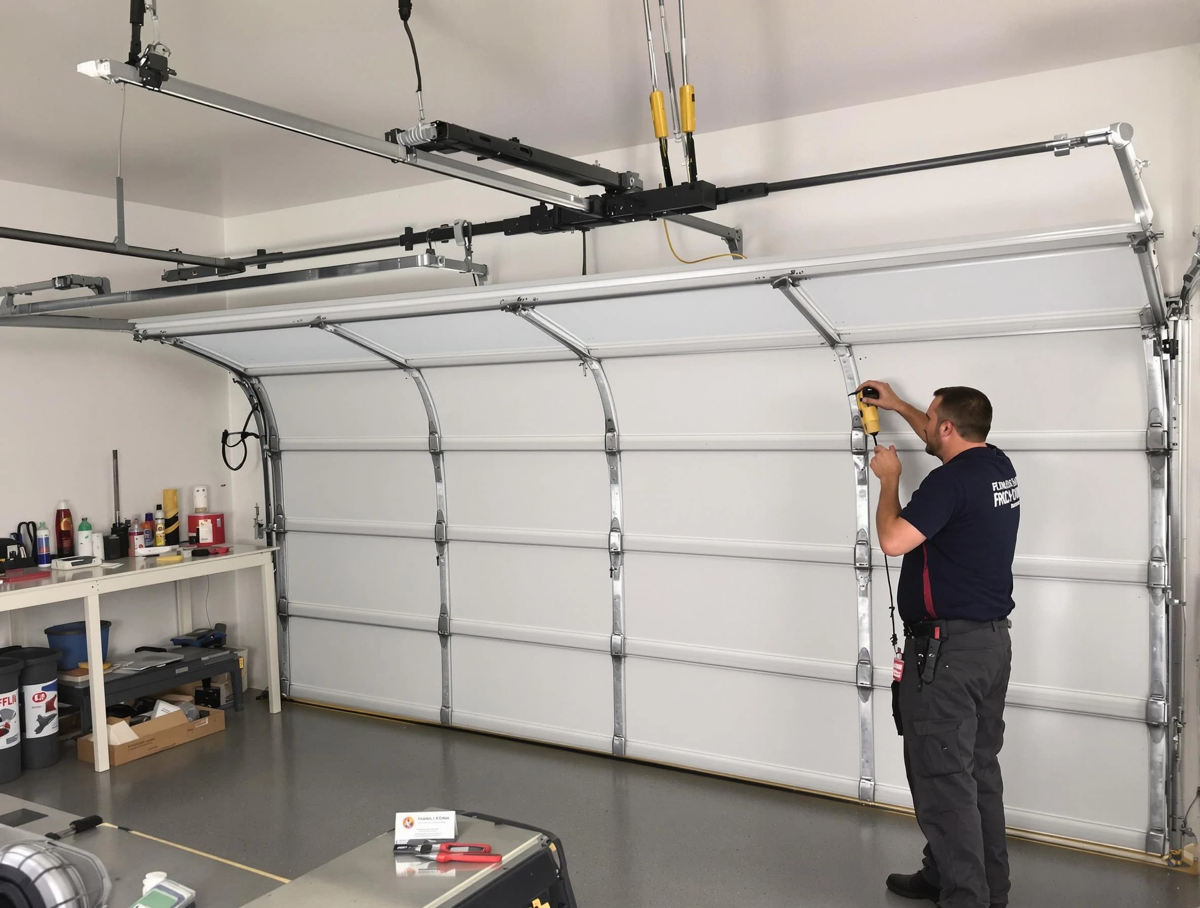 Evergreen Garage Door Repair certified technician performing overhead door system repair in Evergreen