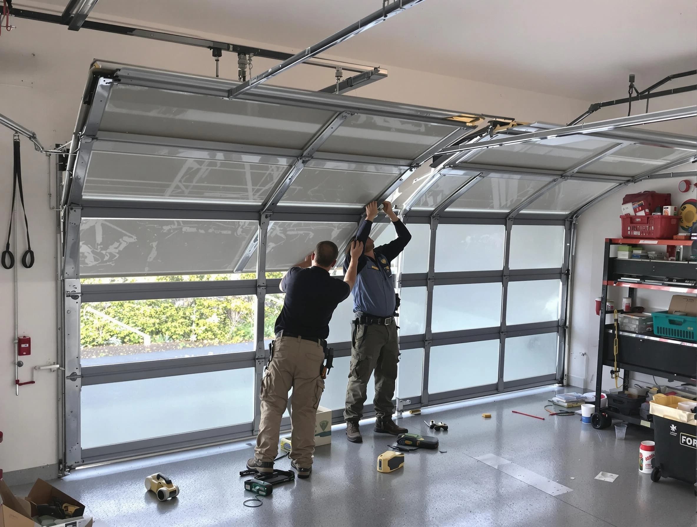 Evergreen Garage Door Repair expert performing precise panel replacement on Evergreen garage door
