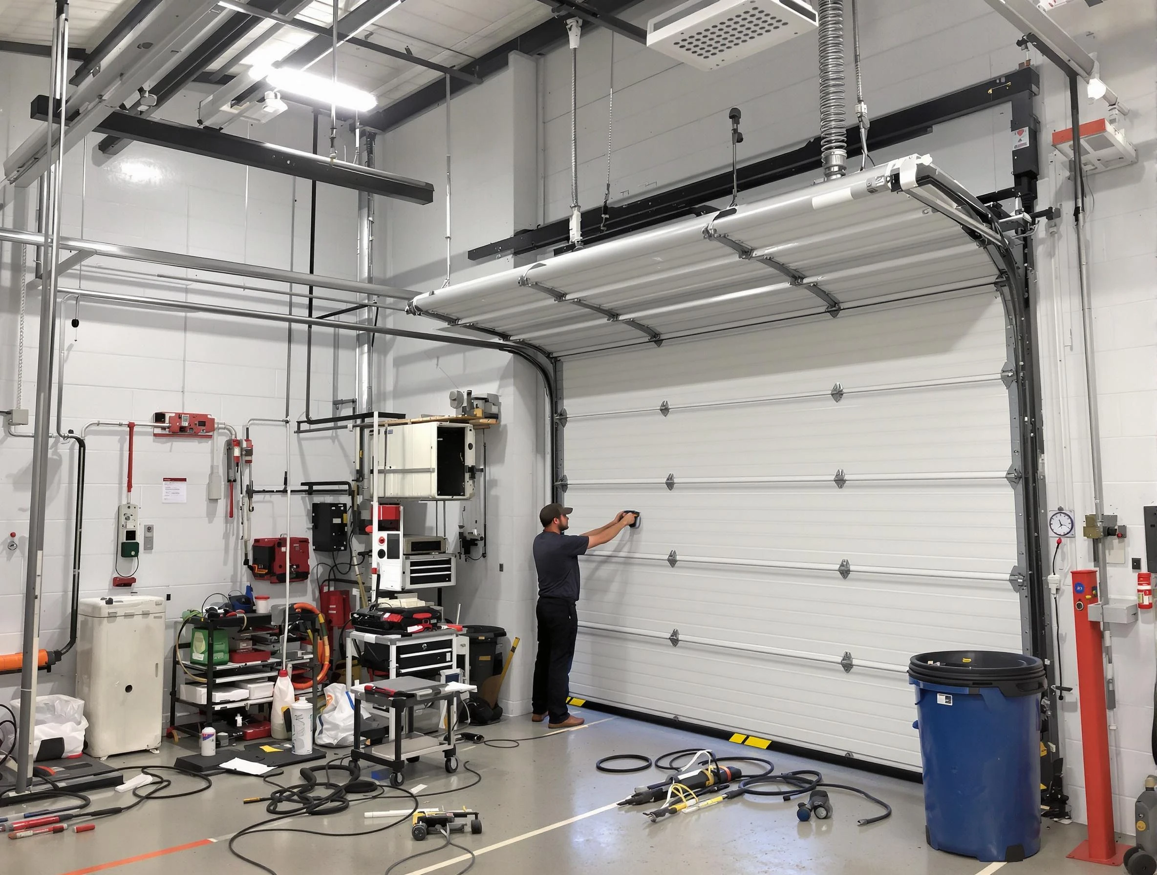 Evergreen Garage Door Repair certified technician performing commercial door repair at a Evergreen business facility