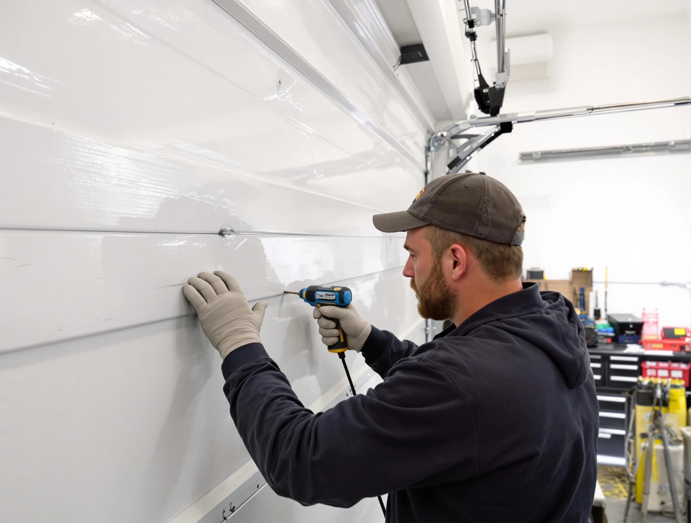 Evergreen Garage Door Repair technician demonstrating precision dent removal techniques on a Evergreen garage door