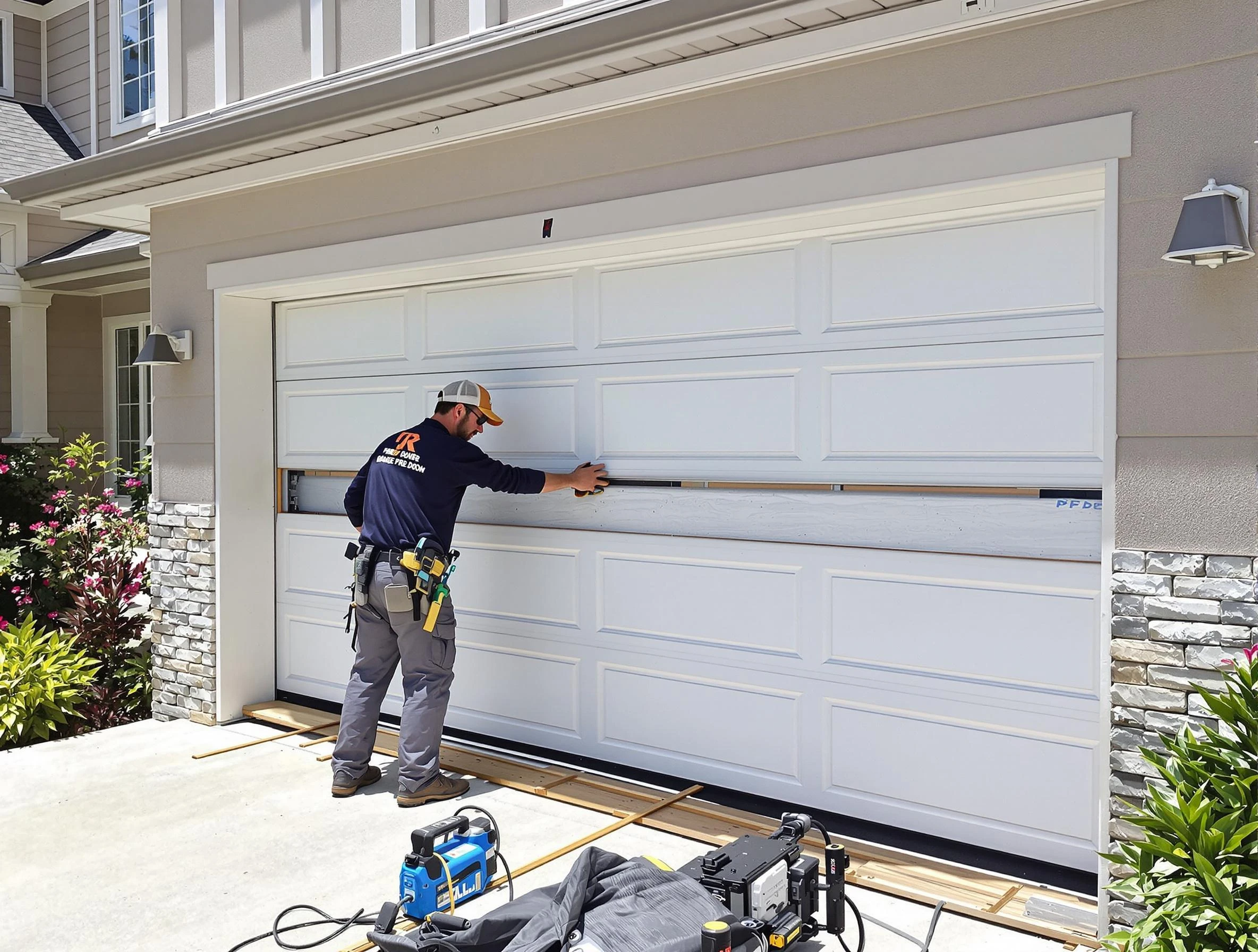 Evergreen Garage Door Repair team performing complete garage door replacement at Evergreen residence