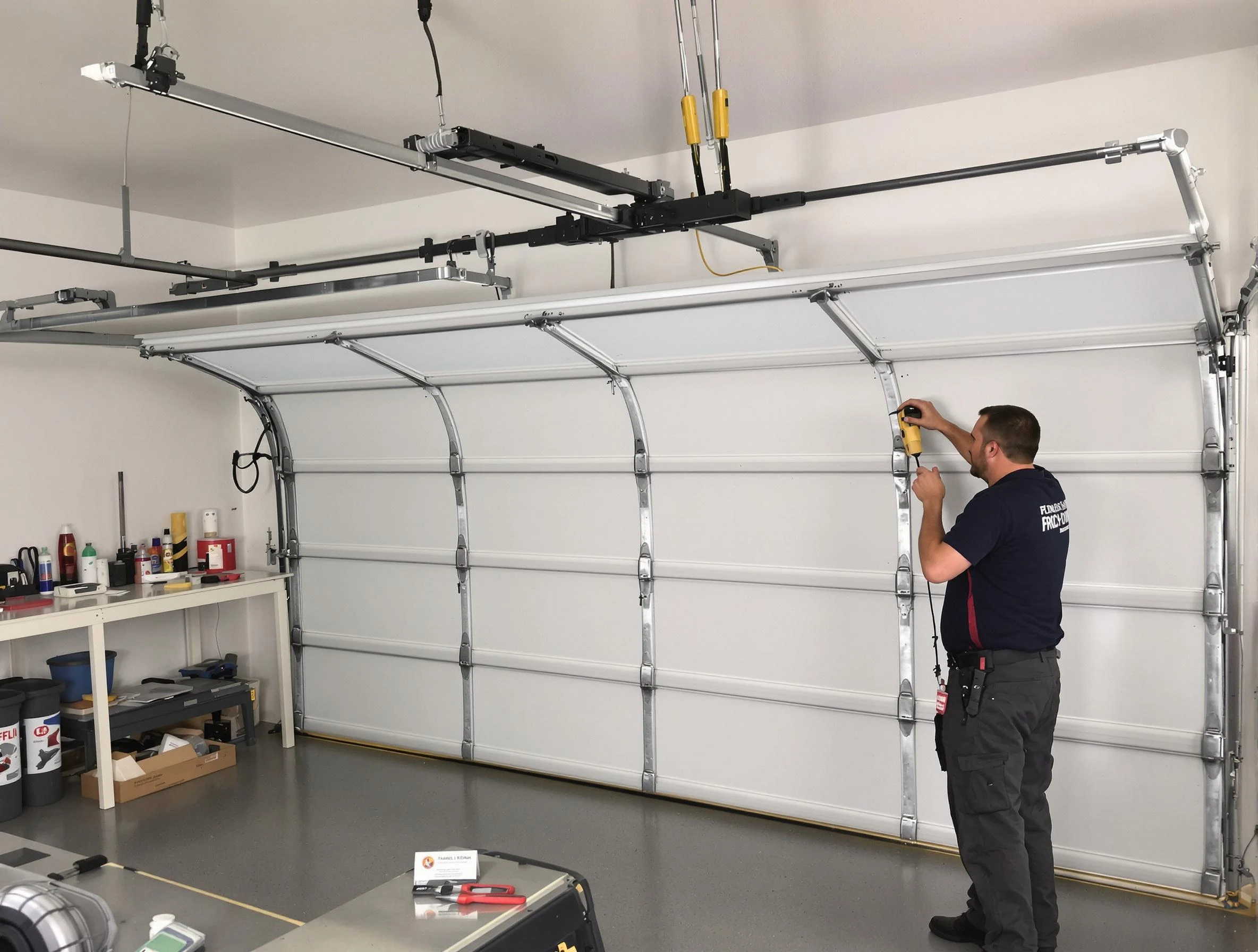 Evergreen Garage Door Repair certified technician performing overhead door system repair in Evergreen