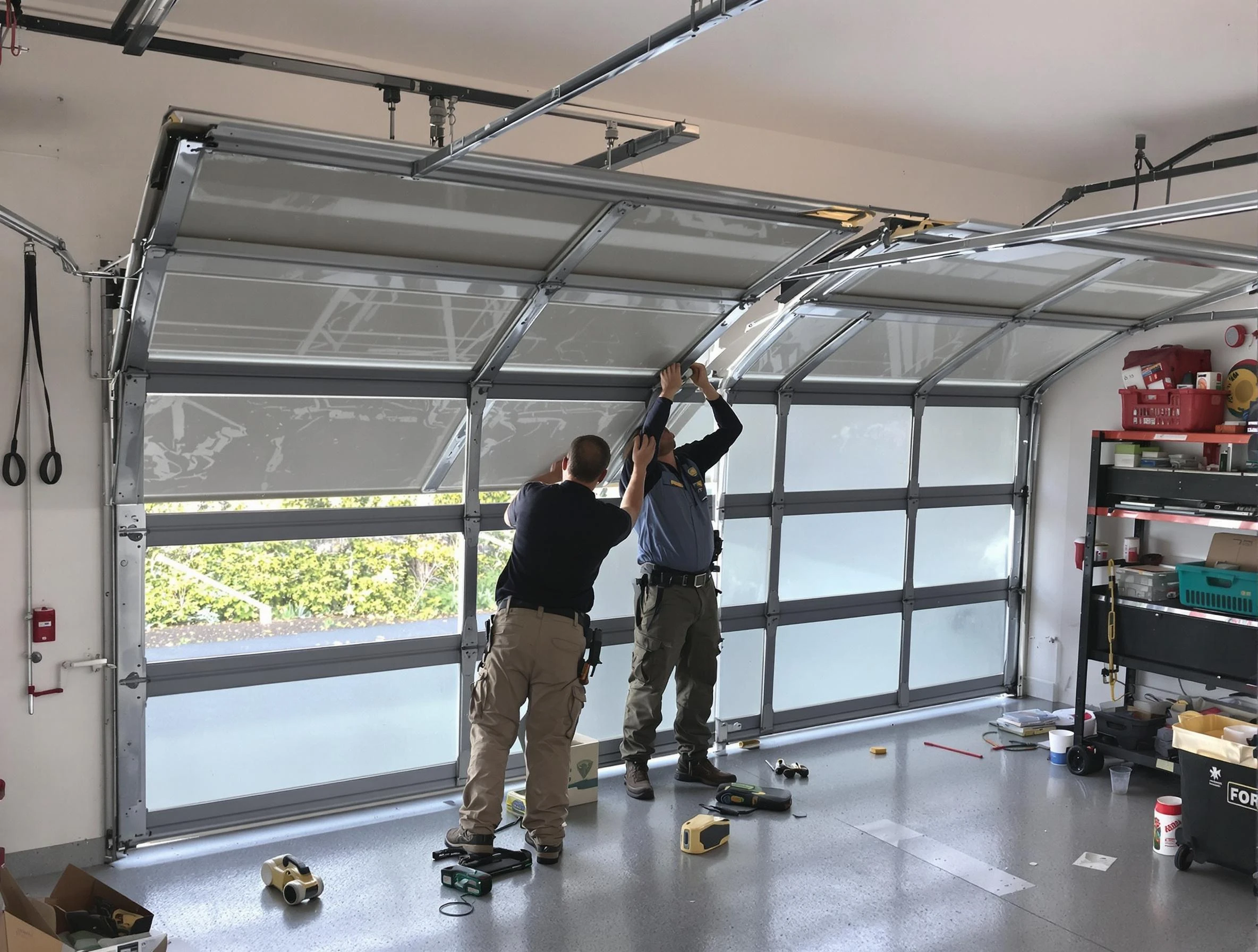 Evergreen Garage Door Repair expert performing precise panel replacement on Evergreen garage door