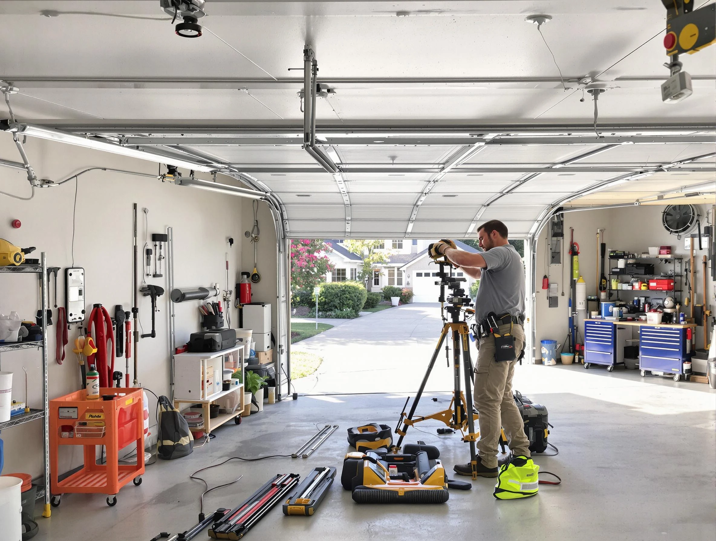 Evergreen Garage Door Repair specialist performing laser-guided track alignment in Evergreen